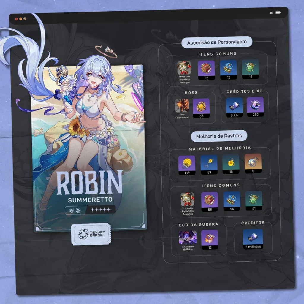 Materiais de ascensão e evolução para Robin Summeretto em Honkai: Star Rail